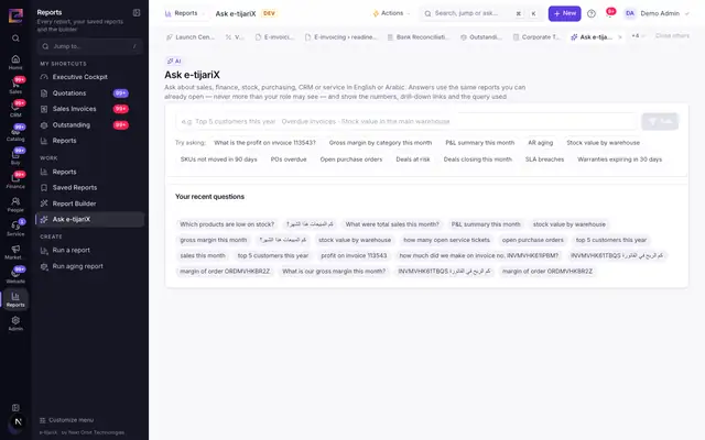 e-tijariX Ask e-tijariX screen: Business questions answered in English or Arabic from your own data, with sources.