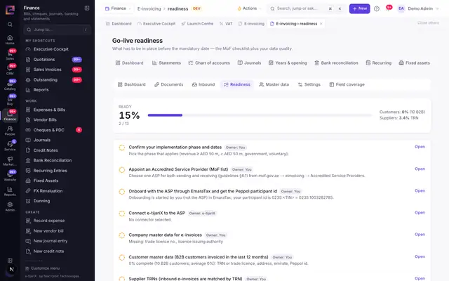 e-tijariX E-invoicing readiness screen: The go-live checklist: phase, provider, master data and customer TRNs.